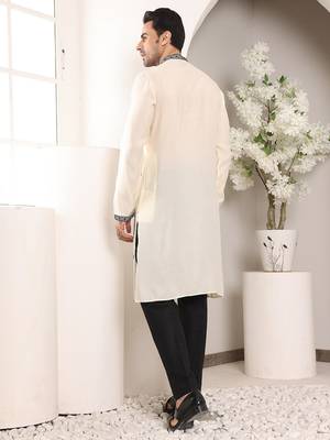 Cream silk embroidered kurta pajama 5