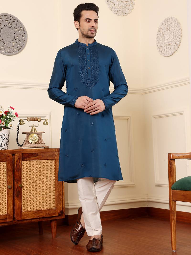 Cream viscose embroidered kurta pajama