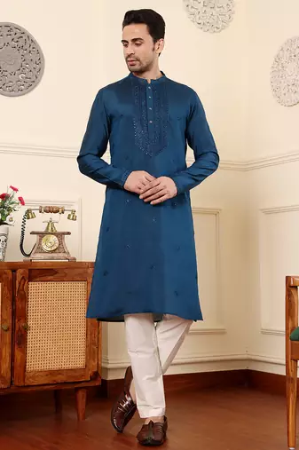 Cream viscose embroidered kurta pajama