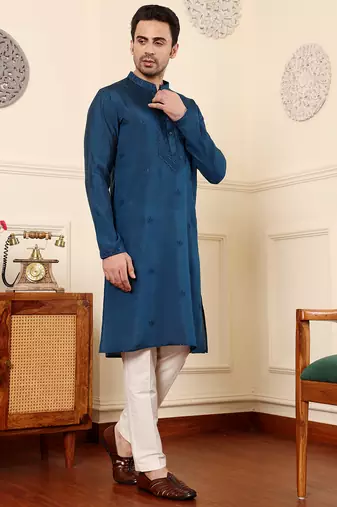 Cream viscose embroidered kurta pajama