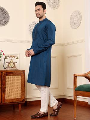 Cream viscose embroidered kurta pajama 4