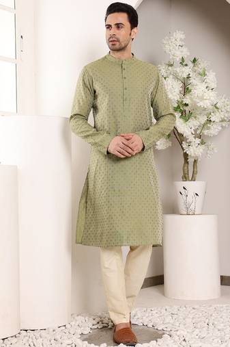 Off white silk embroidered kurta pajama