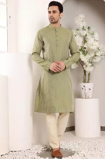 Off white silk embroidered kurta pajama