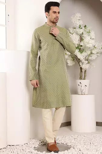 Off white silk embroidered kurta pajama
