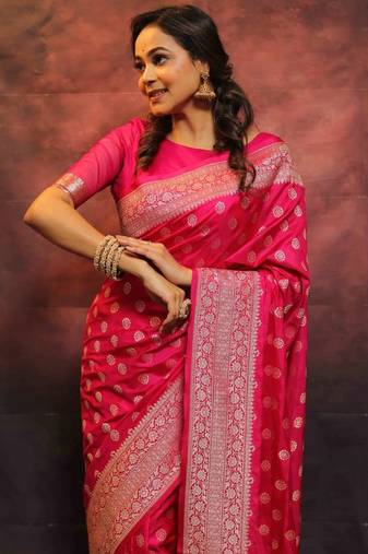 Pink banarasi silk blend saree with zari woven butta and rich pallu