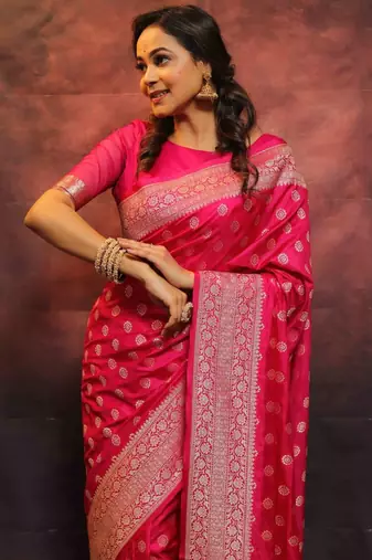 Pink banarasi silk blend saree with zari woven butta and rich pallu