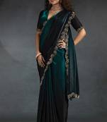 Teal blue to black ombre space  silk blend saree with embroidered golden border
