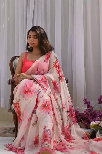 tebby silk blend cream saree with pink floral print