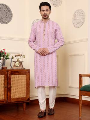 Cream viscose embroidered kurta pajama 1