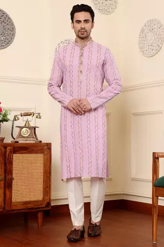 Cream viscose embroidered kurta pajama