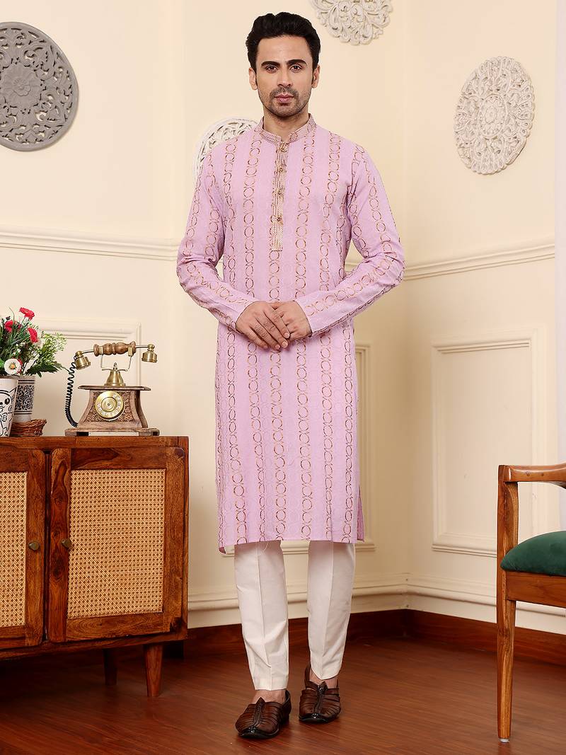 Cream viscose embroidered kurta pajama