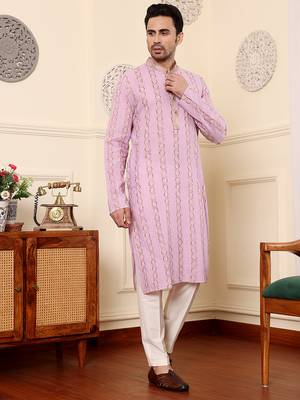 Cream viscose embroidered kurta pajama 2