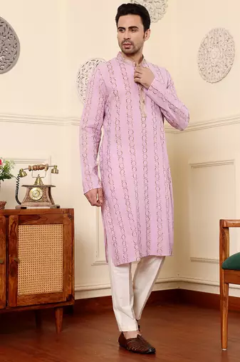 Cream viscose embroidered kurta pajama