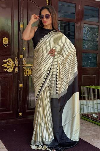 cream and black striped gajji silk blend saree with blouse