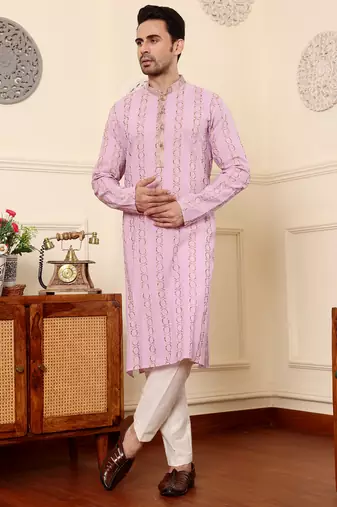 Cream viscose embroidered kurta pajama