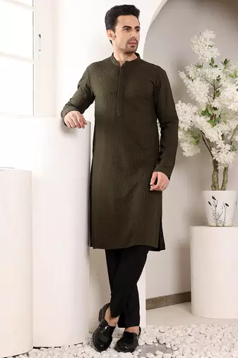Cream viscose embroidered kurta pajama