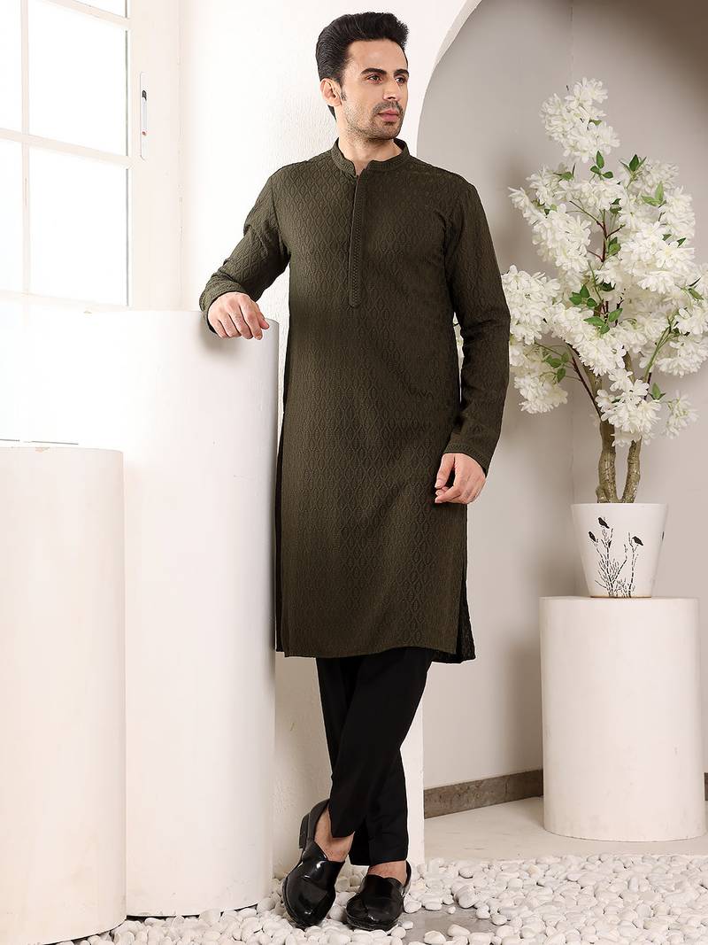 Cream viscose embroidered kurta pajama