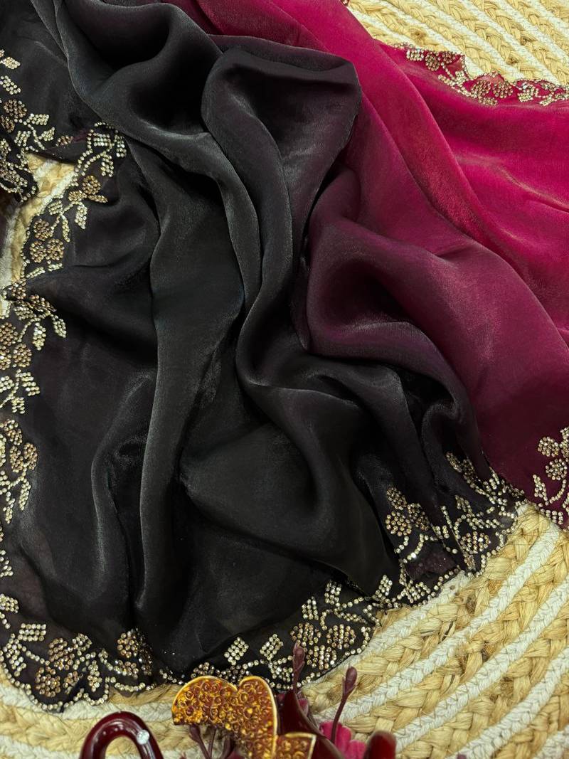 Wine purple to black satin silk blend saree with embroidered zari border