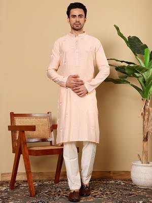 Cream viscose embroidered kurta pajama 1