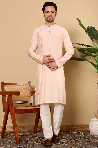 Cream viscose embroidered kurta pajama