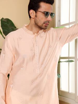 Cream viscose embroidered kurta pajama 4