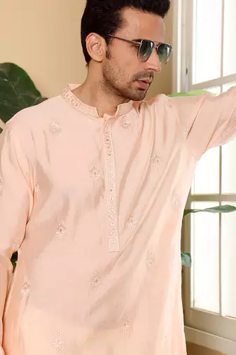 Cream viscose embroidered kurta pajama