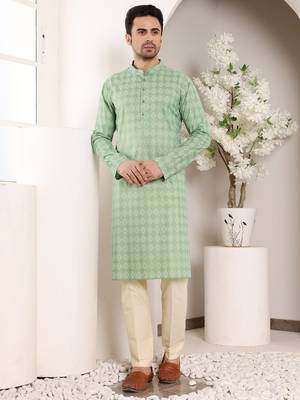 Cream cotton embroidered kurta pajama 1