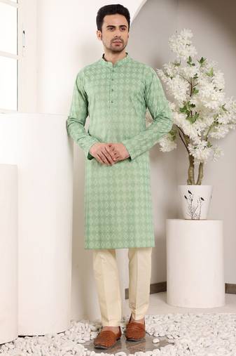 Cream cotton embroidered kurta pajama