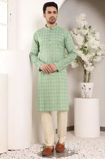 Cream cotton embroidered kurta pajama