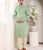 Cream cotton embroidered kurta pajama
