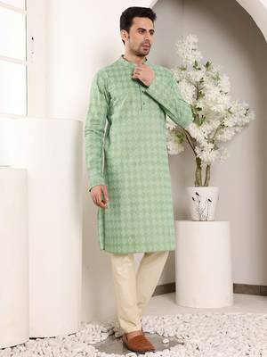 Cream cotton embroidered kurta pajama 2