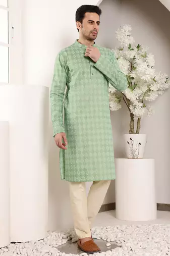 Cream cotton embroidered kurta pajama