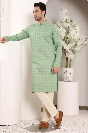 Cream cotton embroidered kurta pajama