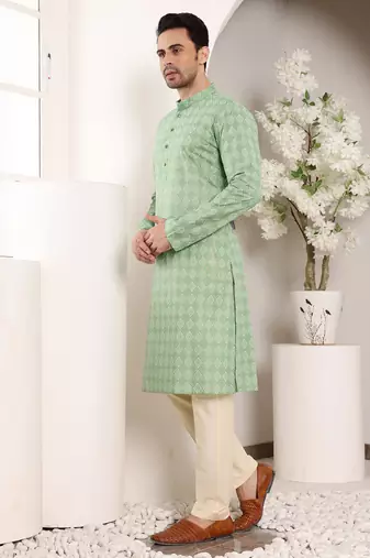 Cream cotton embroidered kurta pajama