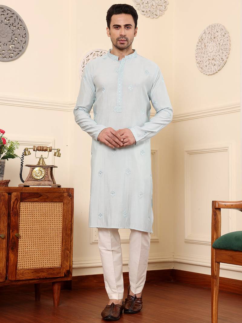 Cream viscose embroidered kurta pajama