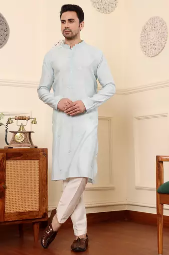 Cream viscose embroidered kurta pajama