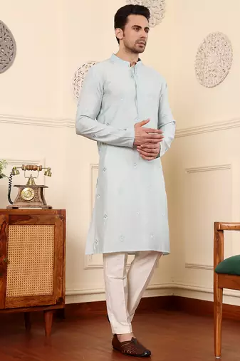 Cream viscose embroidered kurta pajama