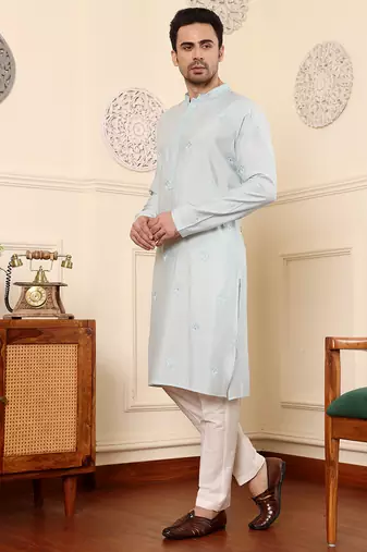 Cream viscose embroidered kurta pajama