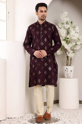 Cream silk embroidered kurta pajama