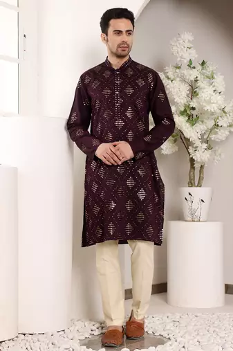 Cream silk embroidered kurta pajama