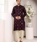 Cream silk embroidered kurta pajama