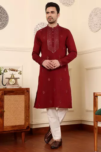 Off white viscose embroidered kurta pajama