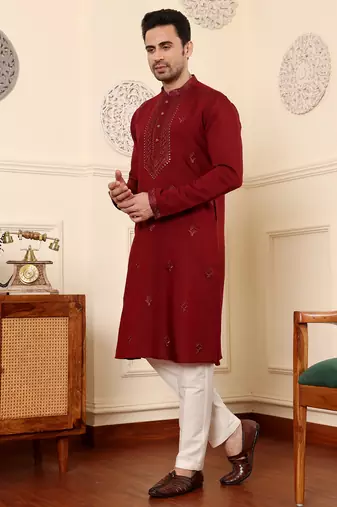 Off white viscose embroidered kurta pajama