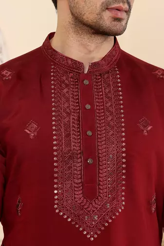 Off white viscose embroidered kurta pajama