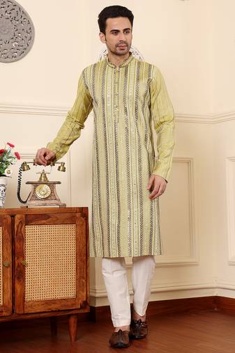 Cream cotton embroidered kurta pajama