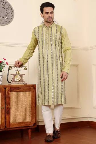 Cream cotton embroidered kurta pajama