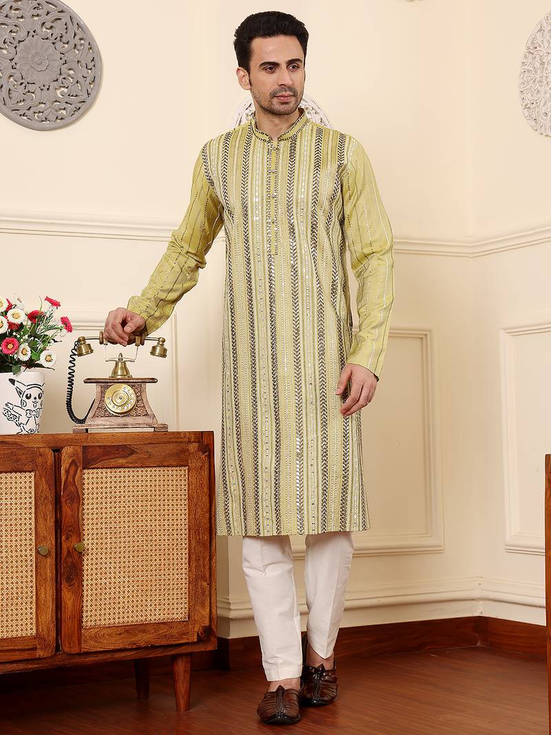Cream cotton embroidered kurta pajama