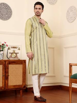 Cream cotton embroidered kurta pajama 2