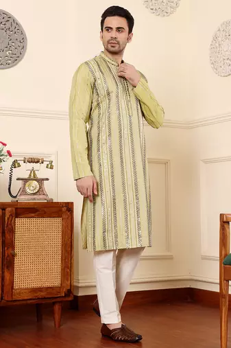Cream cotton embroidered kurta pajama