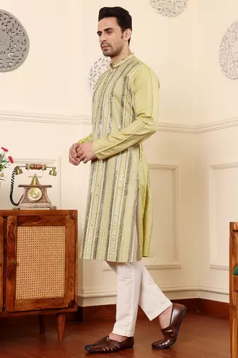 Cream cotton embroidered kurta pajama